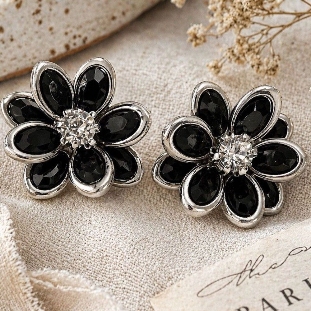 Vintage 1960s Black Rhinestone Flower Earrings Silver Tone Floral Cluster Stud